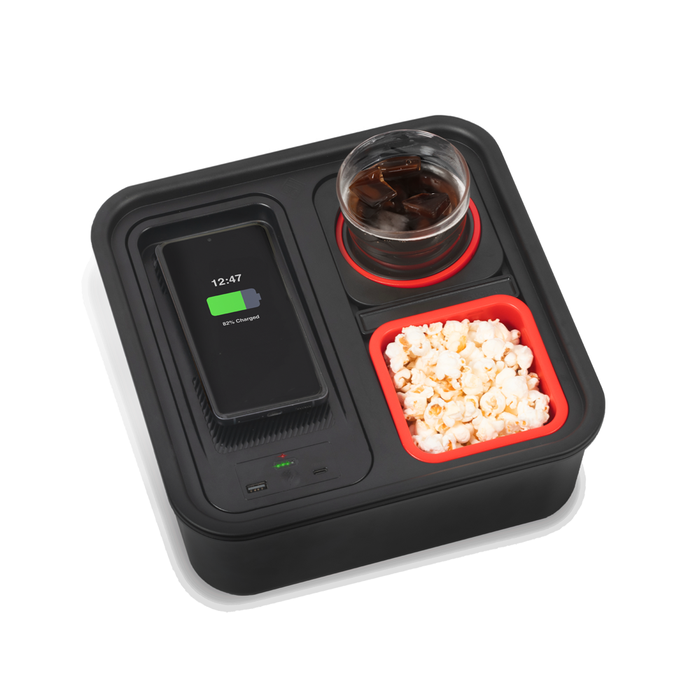 Rechargeable Couch Caddy with Wireless Charging, Snack and Drink Holder - Black | Top Tech Gifts | Giftbox Australia Rechargeable Couch Caddy with Wireless Charging, Snack and Drink Holder - Black | Top Tech Gifts | Giftbox Australia
